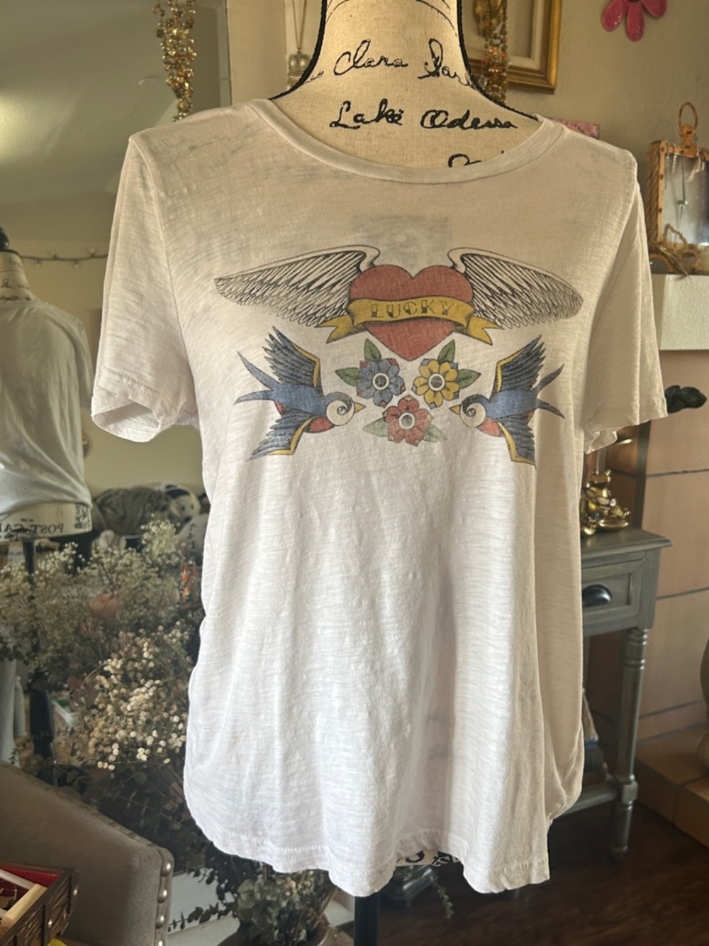 Lucky Brand White Short-Sleeve Tee with Heart, Wings & Swallows